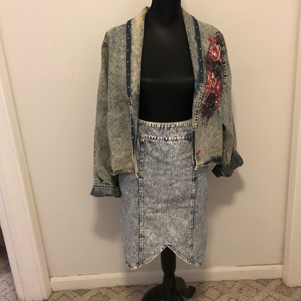 VTG Acid Wash Denim Jacket Skirt 1980s Painted